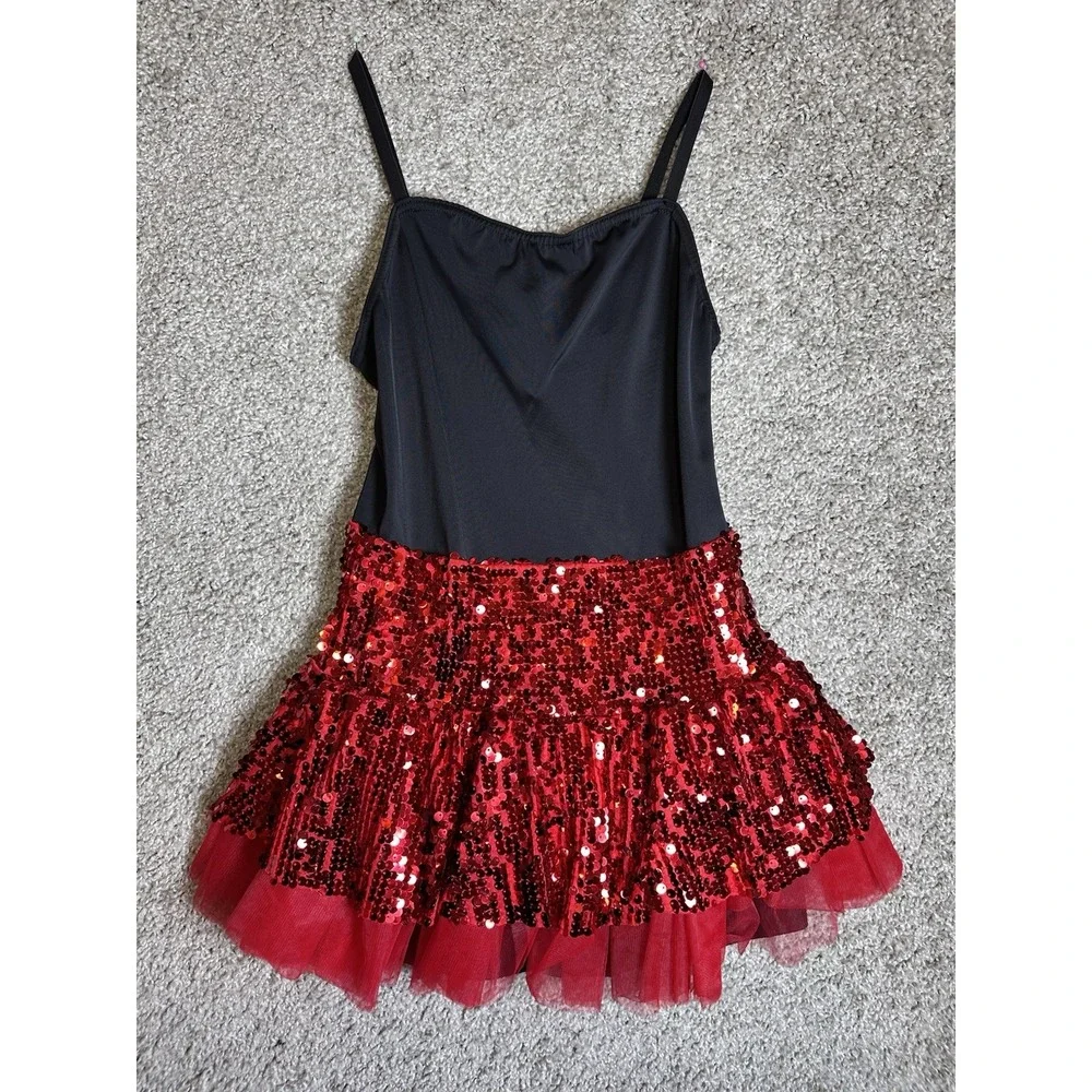 Weissman LC Large Child Black Red Sequin Jazz Tap Dance Costume Dress